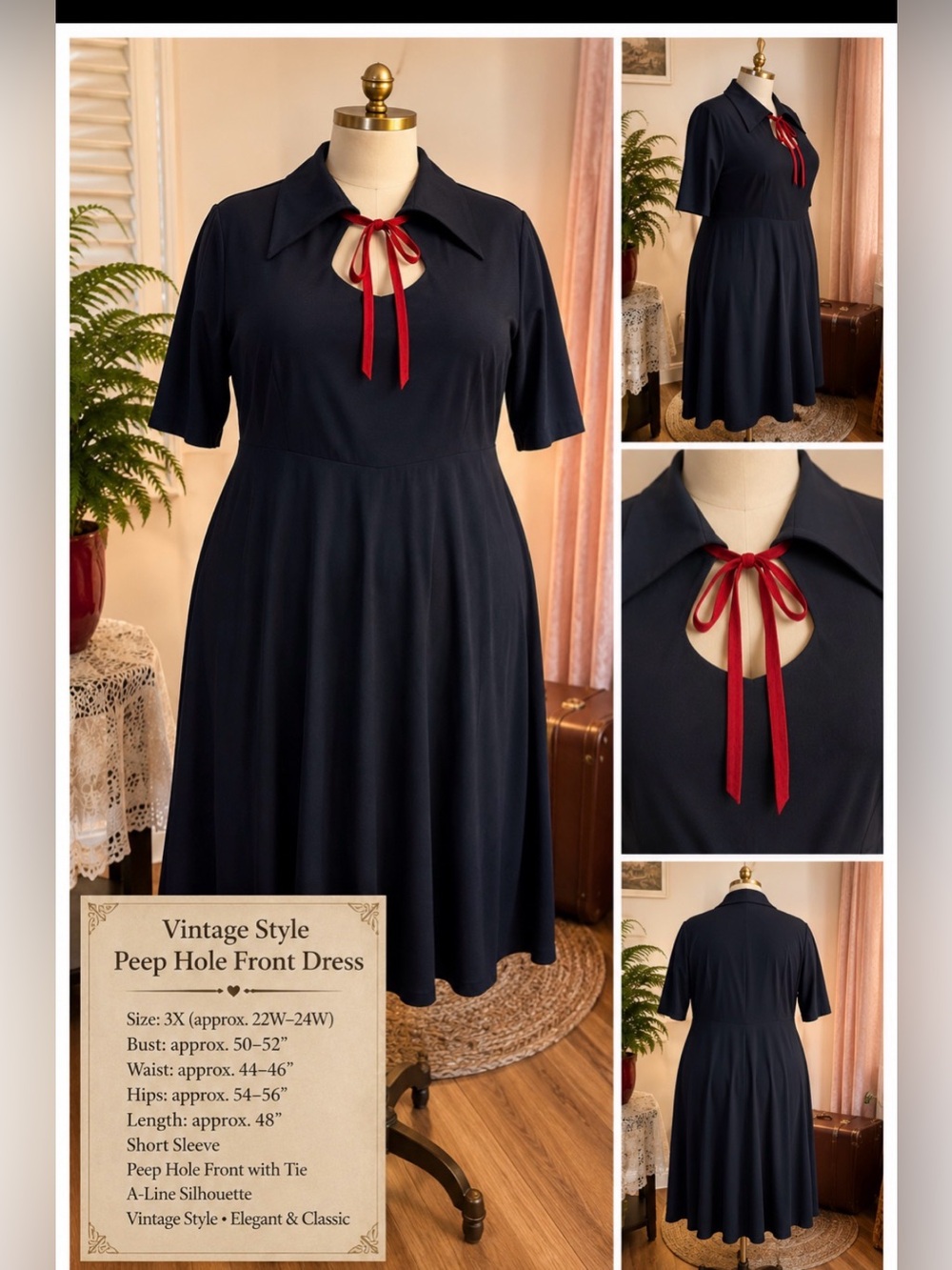 Vintage-Style Navy Midi Dress with Red Tie